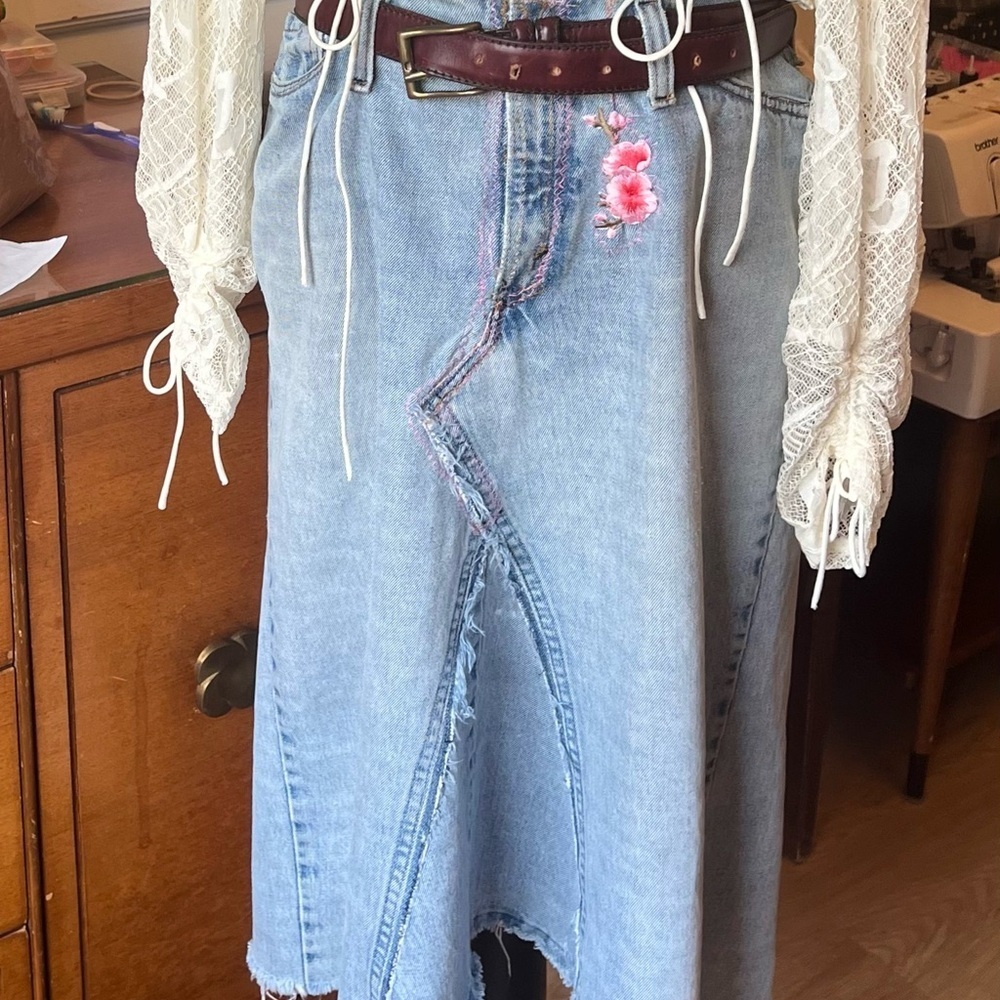 Handmade A-Line Denim Skirt with Cherry Blossom patches and Zipper Closure. - Picture 13 of 14